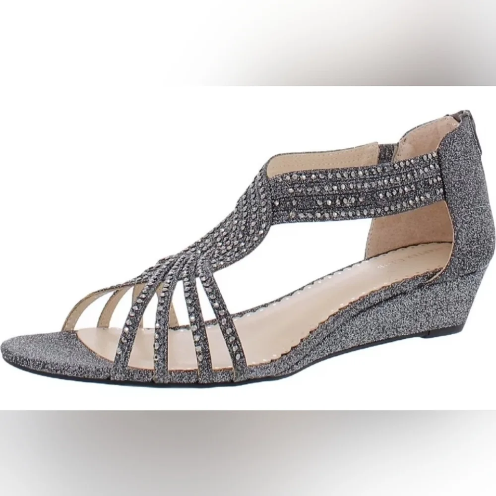 NWT Charter Club Womens 8W Pewter Rhinestoned Strappy Wedge Sandals Formal